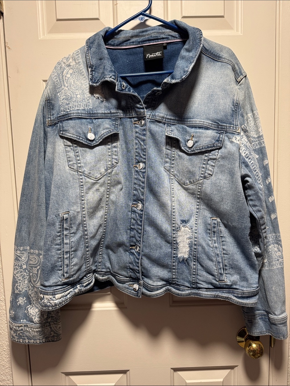 Nanette Lepore Boho Distressed Paisley LightWash Blue Denim Jacket Flared 2X
